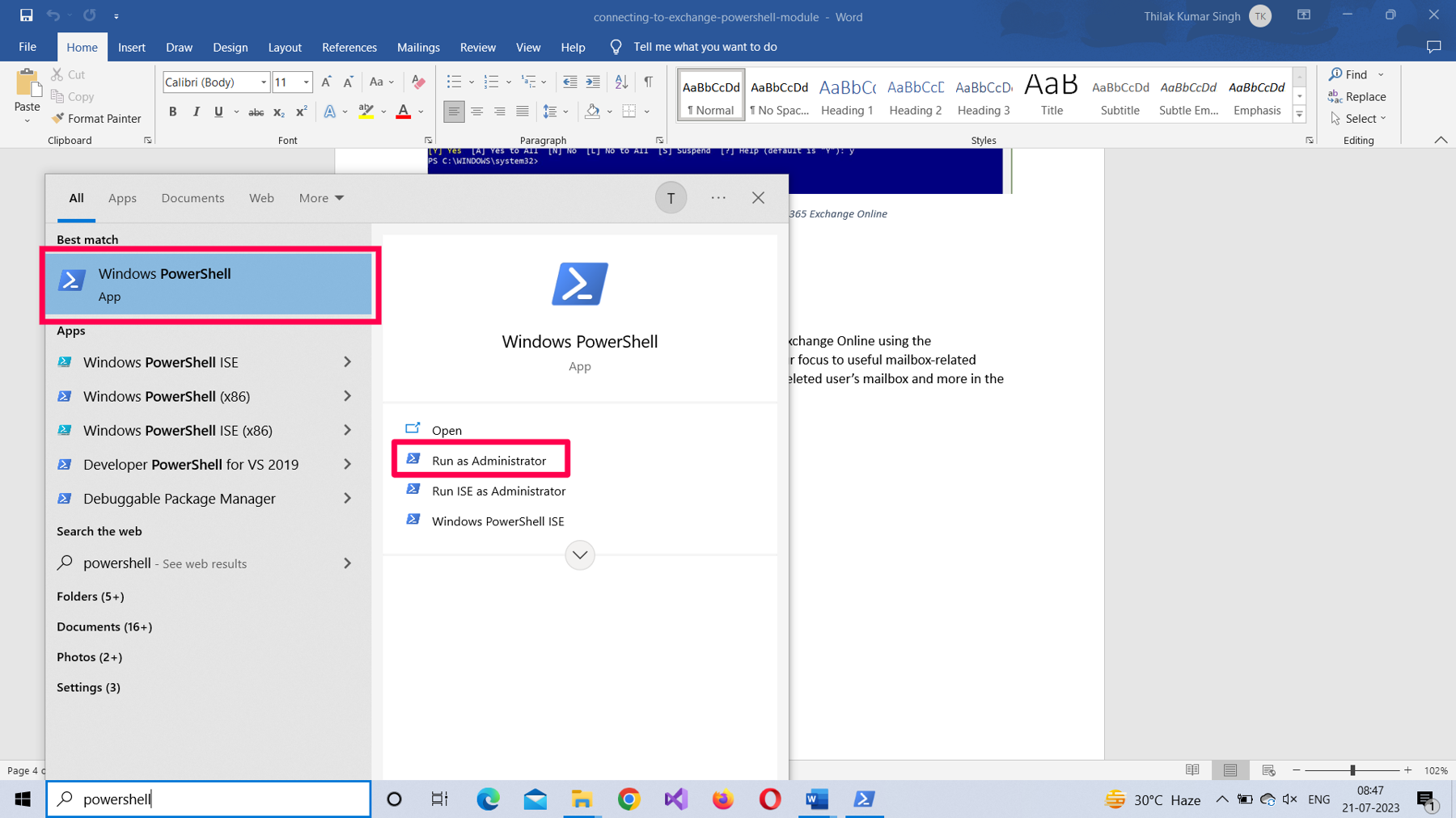 This screenshot shows how you can run the PowerShell console as an administrator.