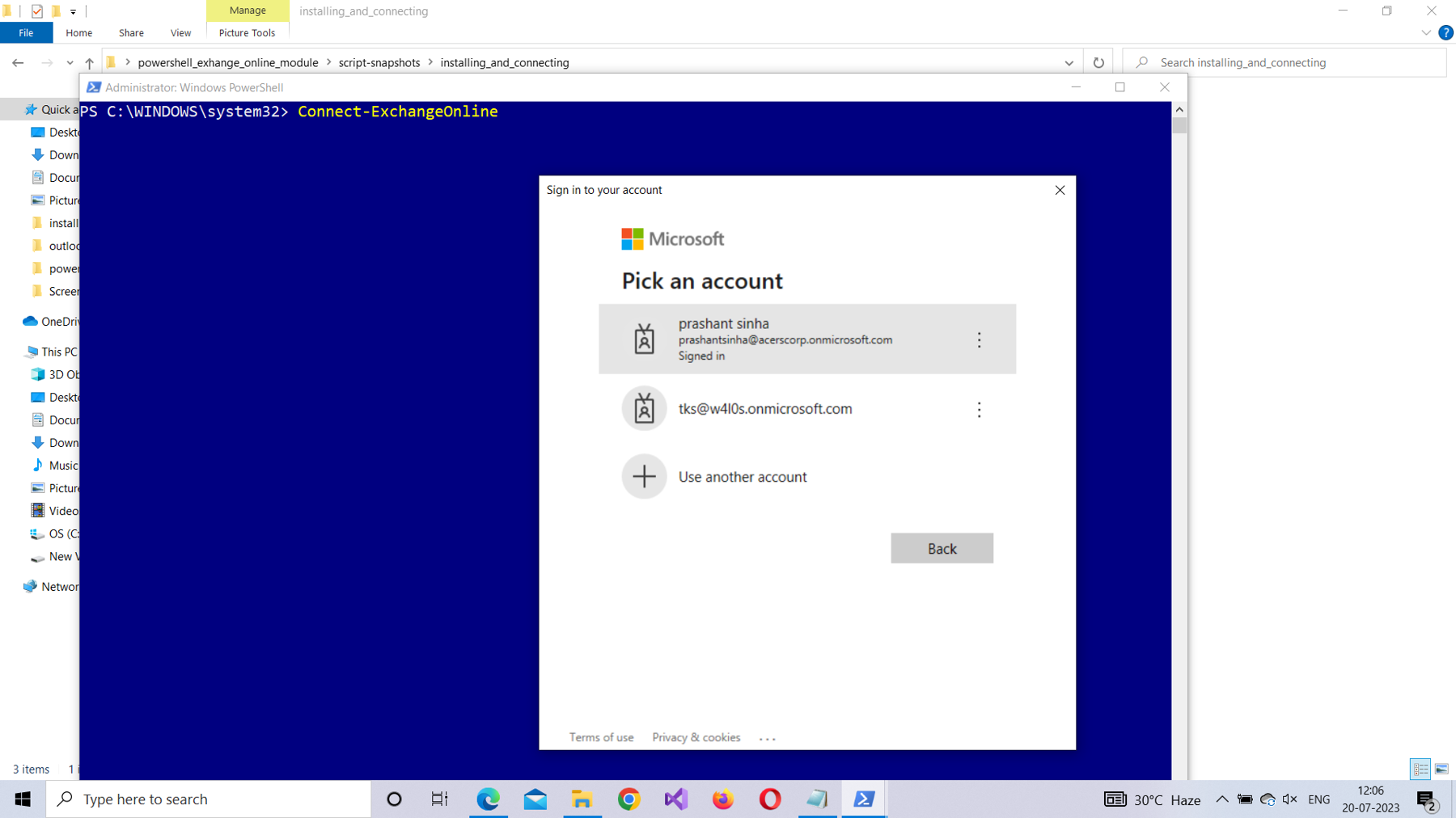 This screenshot shows how you can run the connect exchange online command for connecting with Microsoft 365 exchange online using PowerShell.