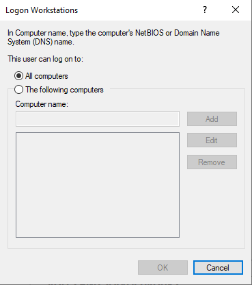 Screenshot showing that each user account can be associated with one or more computers for logon. This setting is ideal to reduce which computers a user account can logon to.