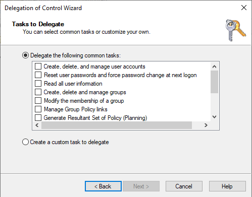 Screenshot showing the common delegation tasks that can be configured using the Delegation wizard. It also shows the option to create custom delegation tasks, which can be very complex and detailed.