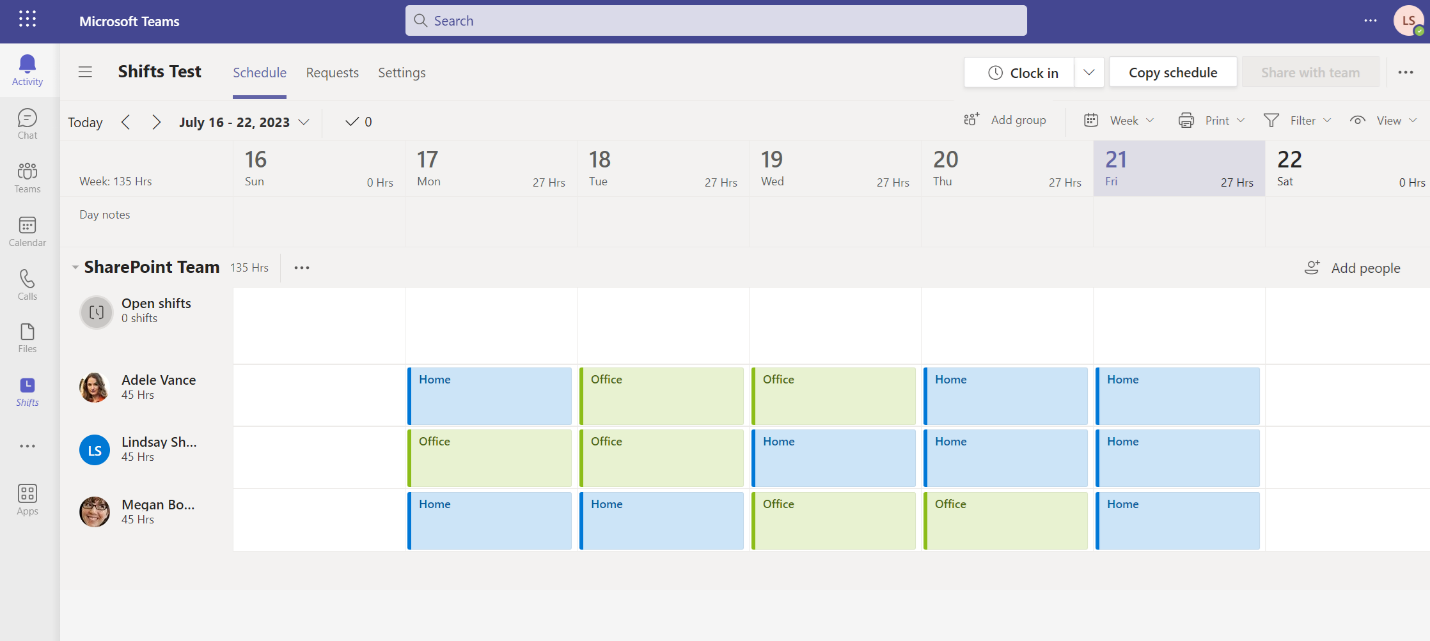 A screenshot of the Shifts app in Microsoft Teams. There is one grouping, called SharePoint Team, with three members, a calendar layout, and full day color-coded entries that either say Home or Office for each person.