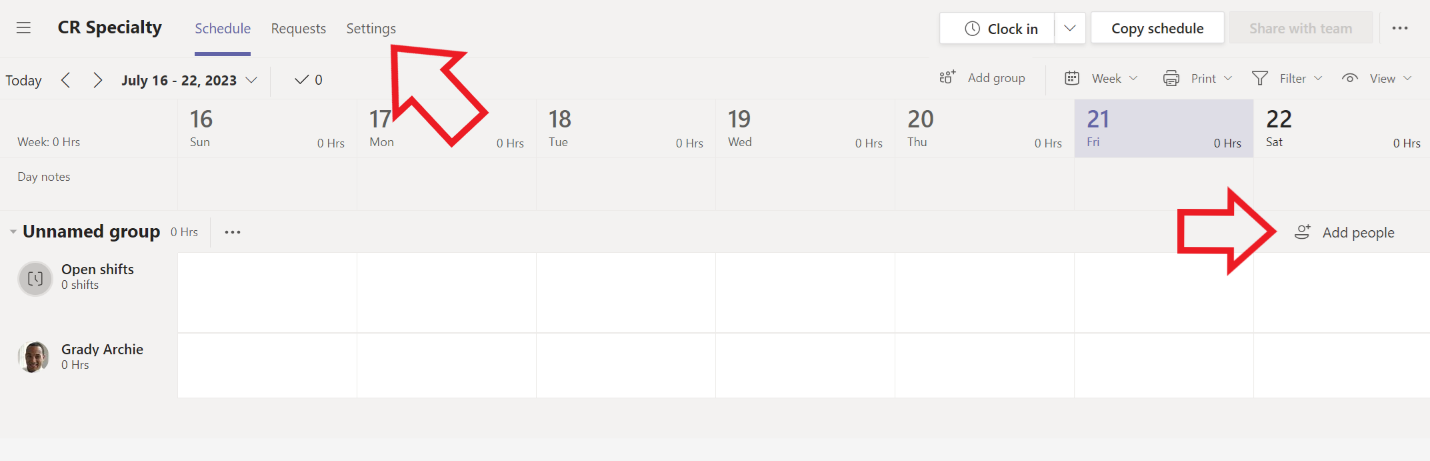 A screenshot of the Shifts app in Microsoft Teams with arrows pointing to Settings and Add people