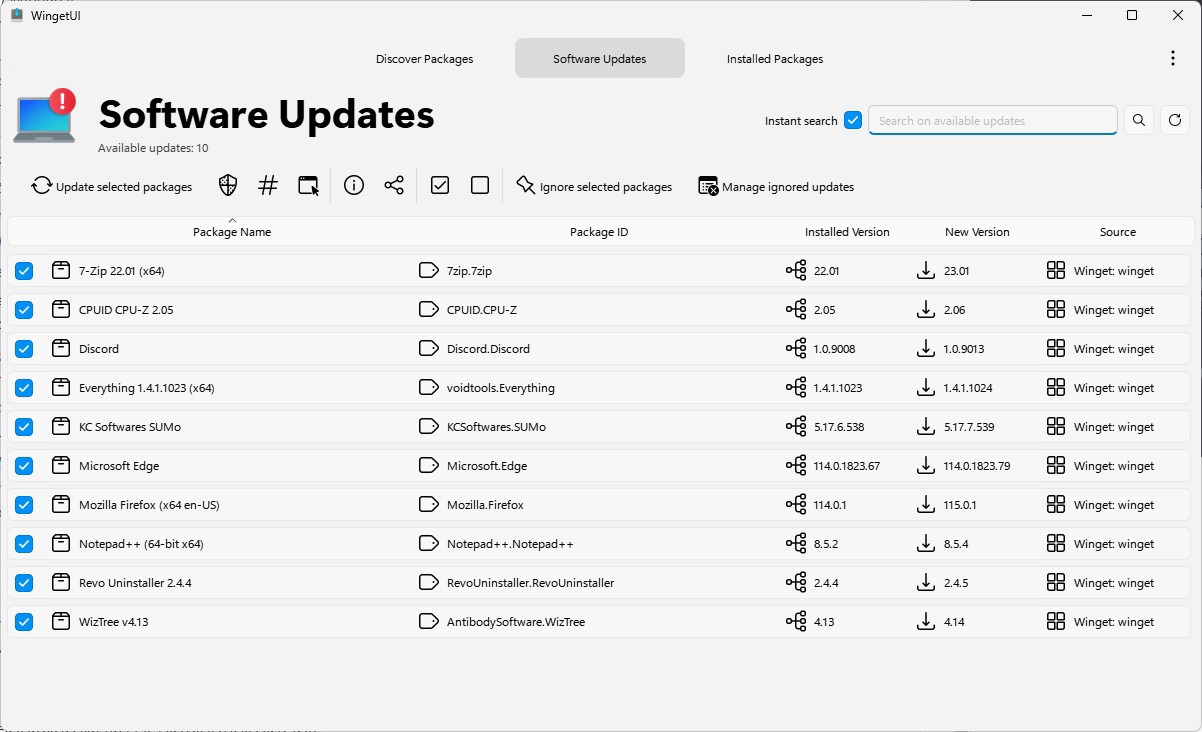 This screenshot shows the Software Updates page, which lists package names, package IDs, installed version, new version, and source. When WingetUI scans for updates, in this case it finds 10 items with newer versions available.