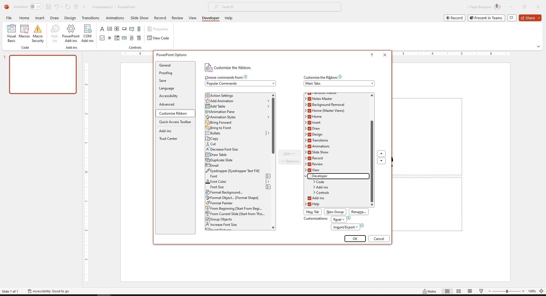 Screenshot of the Customize Ribbon menu in PowerPoint Options. In the options for main tabs, the Developer tab is highlighted, showing that it needs to be checked, but is not checked by default.