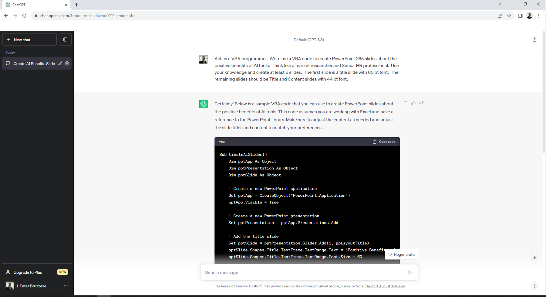 Screenshot of ChatGPT 3.5, showing the AI's code output in response to the prompt to generate VBA code for a PowerPoint slide deck.