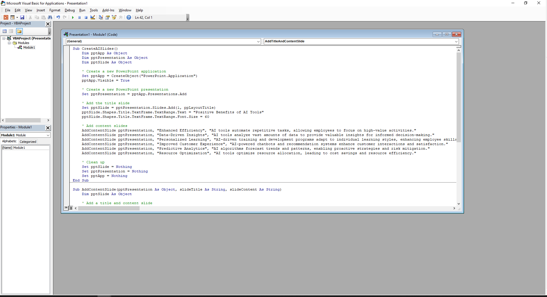 Screenshot of the Microsoft VBA application, which opened when Visual Basic was selected in PowerPoint's Developer code menu. ChatGPT's output code has been pasted into a new project module.