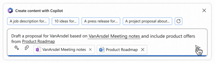 A screenshot showing Copilot and using the inputs of someone’s meeting notes (in OneNote) and a product roadmap (in a Word document).