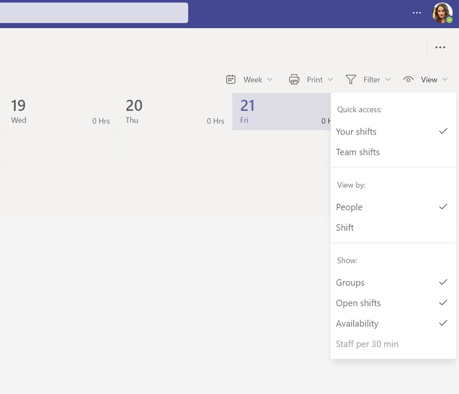 A screenshot of the Shifts app in Microsoft Teams, with the View options expanded. This includes options to view Your shifts, Team shifts, view by people, view by shifts, show groups, show open shifts, and show availability.