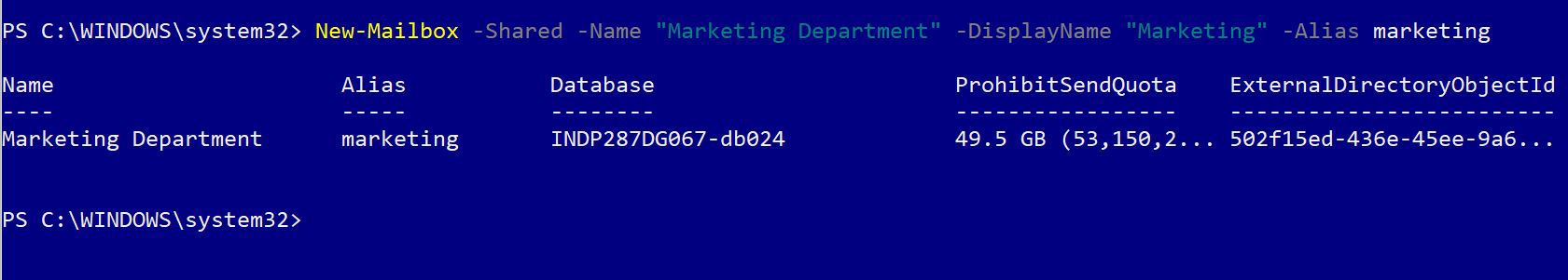 This screenshot shows how you can execute the PowerShell script for creating a shared mailbox by providing details like the display name and alias.