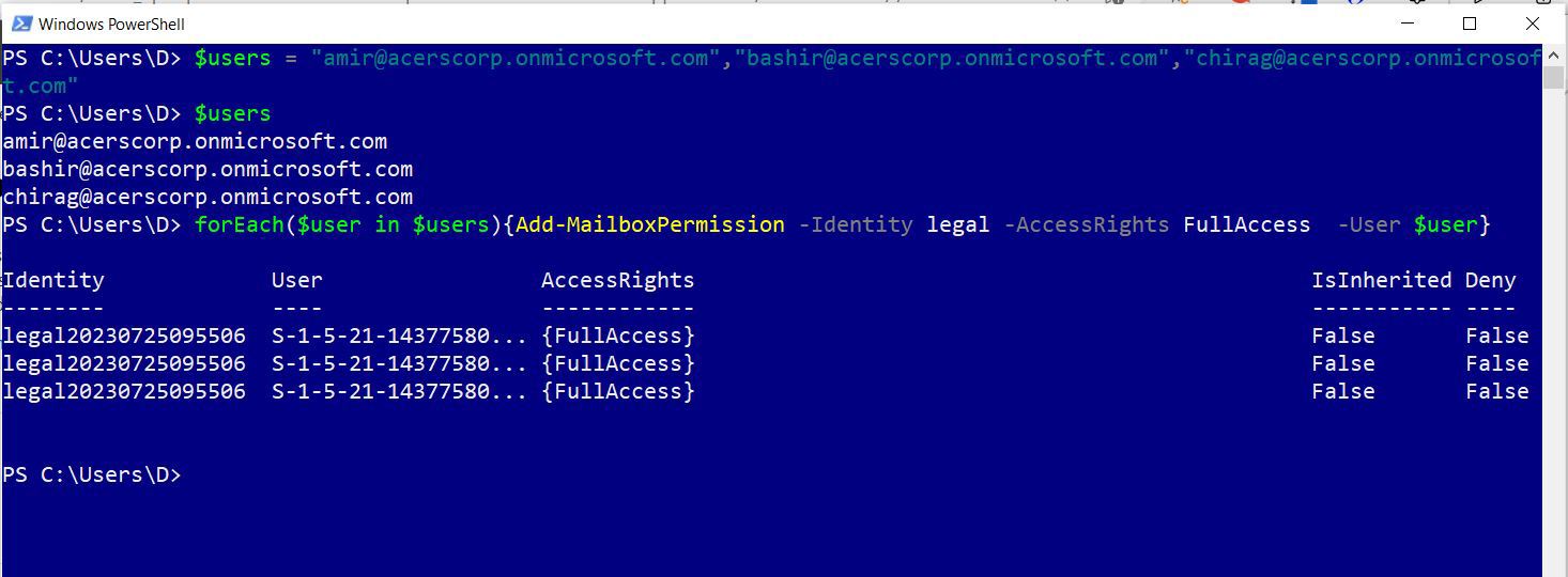 This screenshot shows the PowerShell script for adding multiple Microsoft 365 users to a shared mailbox and assigning them with full access permission.