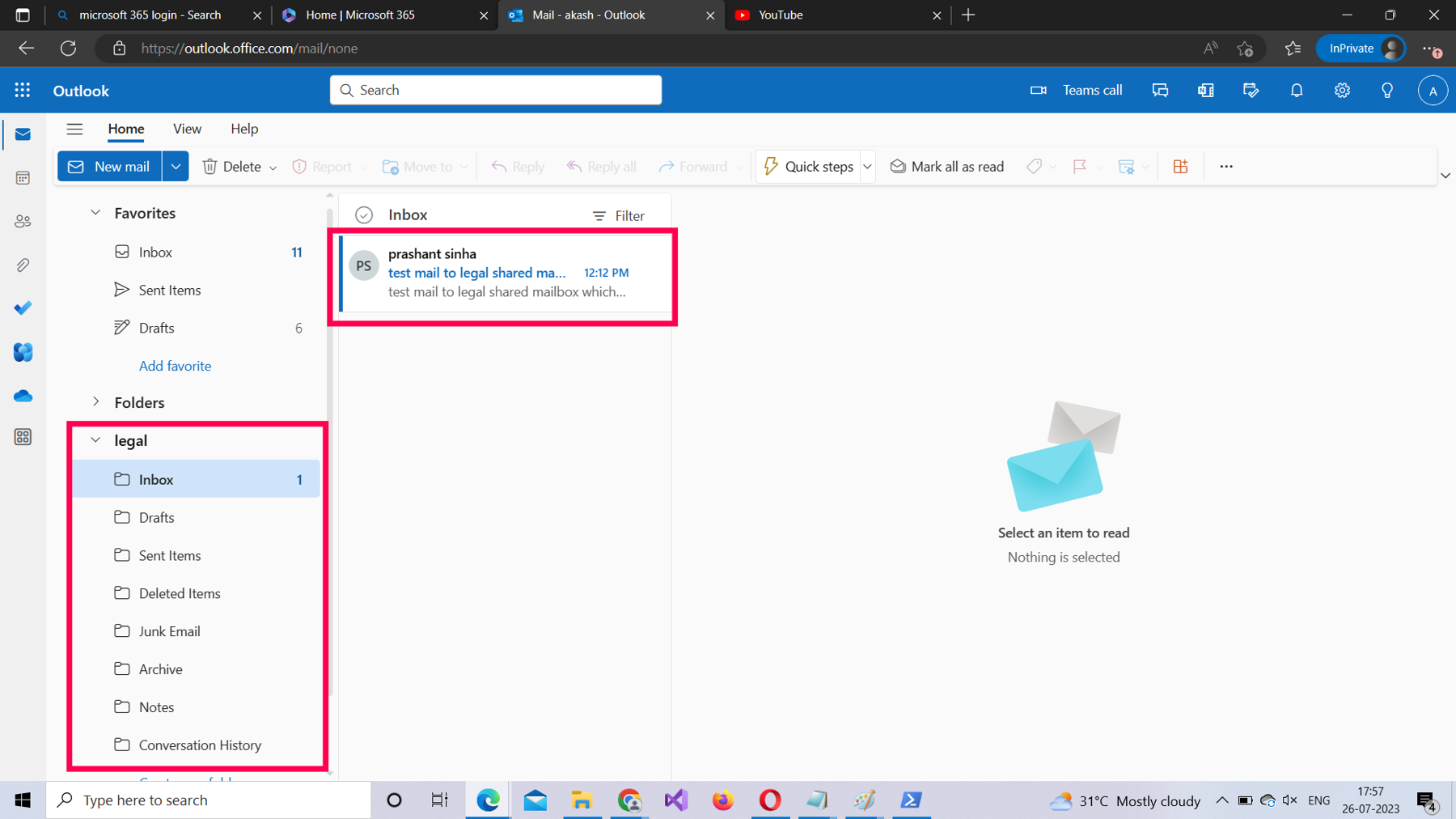 This screenshot shows how a shared folder appears in the Microsoft 365 user inbox.