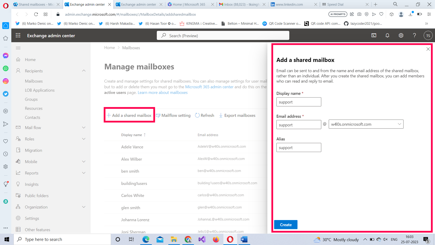 This screenshot shows how you can add a shared mailbox using exchange admin center by adding the required details like display name, email address and alias.