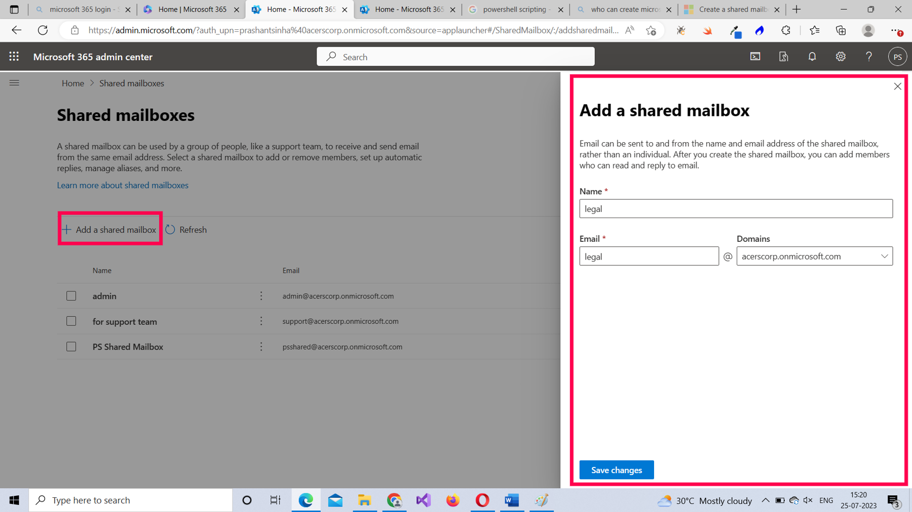 This screenshot shows how you can add a shared mailbox using Microsoft 365 admin center by providing the required details like name and email address. 