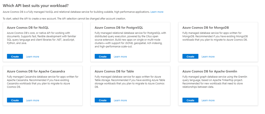 This screenshot shows the ability to select an API in Azure Cosmos DB for NoSQL, PostgreSQL, MongoDB, Apache Cassandra, Azure Table, and Apache Gremlin.