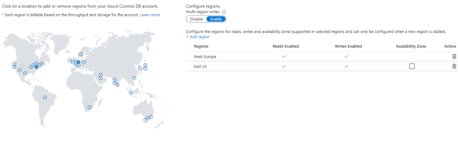 This screenshot shows the ability to configure regions and data replication in an Azure Cosmos DB account. Configuration options include Reads Enabled and Writes Enabled.