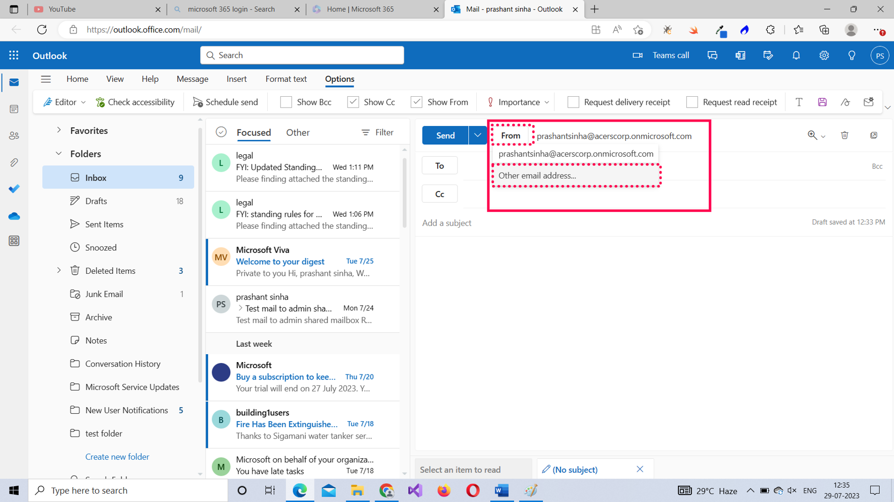 This screenshot shows how a Microsoft 365 user can add a shared mailbox address to the from email address field.