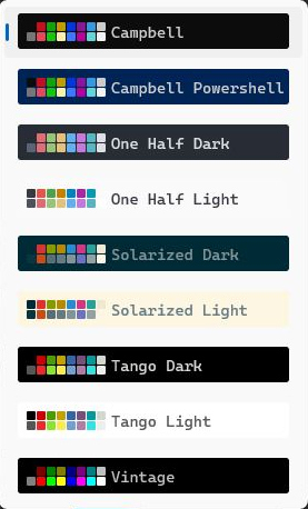 This screenshot shows the nine default color schemes in Windows Terminal: Campbell, Campbell PowerShell, One Half Dark, One Half Light, Solarized Dark, Solarized Light, Tango Dark, Tango Light, and Vintage.