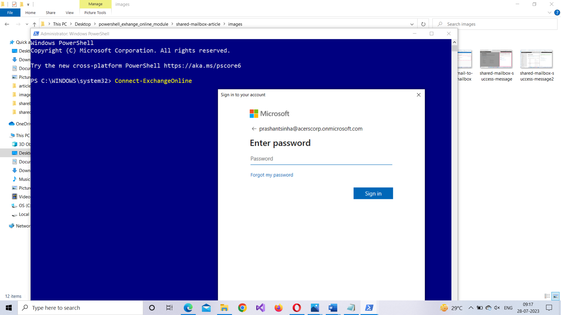 This screenshot shows how you can connect to Microsoft 365 exchange online using Windows PowerShell.