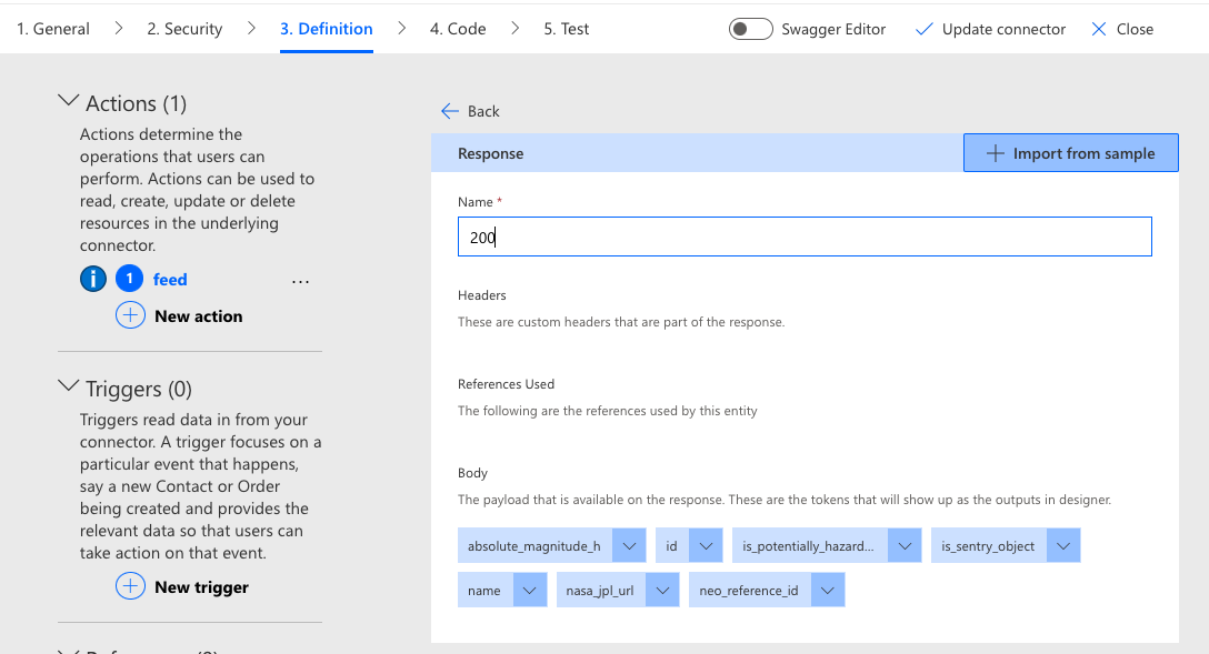 This screen capture of the Definition step in the custom connector creation wizard shows the configuration of a successful 200 response.