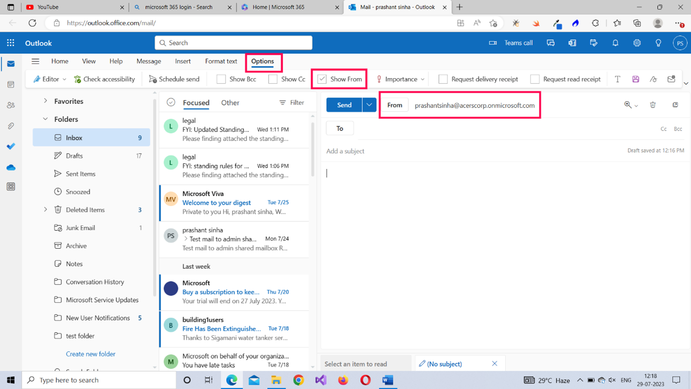 This screenshot shows how you can display the hidden from email address field by accessing the options menu and enabling Show From checkbox in the Outlook app.