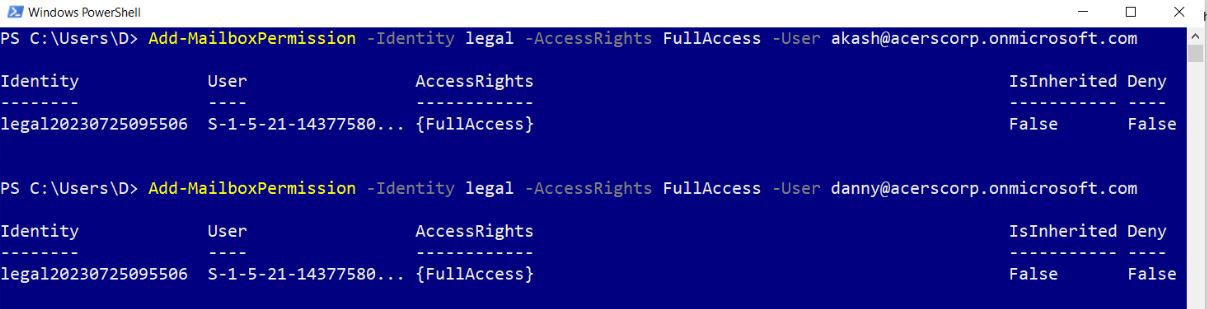 This screenshot shows the PowerShell script for adding the full access shared mailbox permission to a Microsoft 365 user.