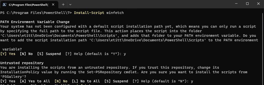 As this screenshot shows, to use Install-script on winfetch, you must agree to update the PATH variable and to access the PowerShell Gallery script repository.