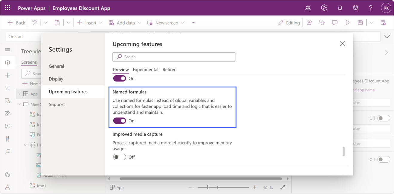 Screenshot showing how to enable named formulas from the Upcoming features section in Settings inside Power Apps