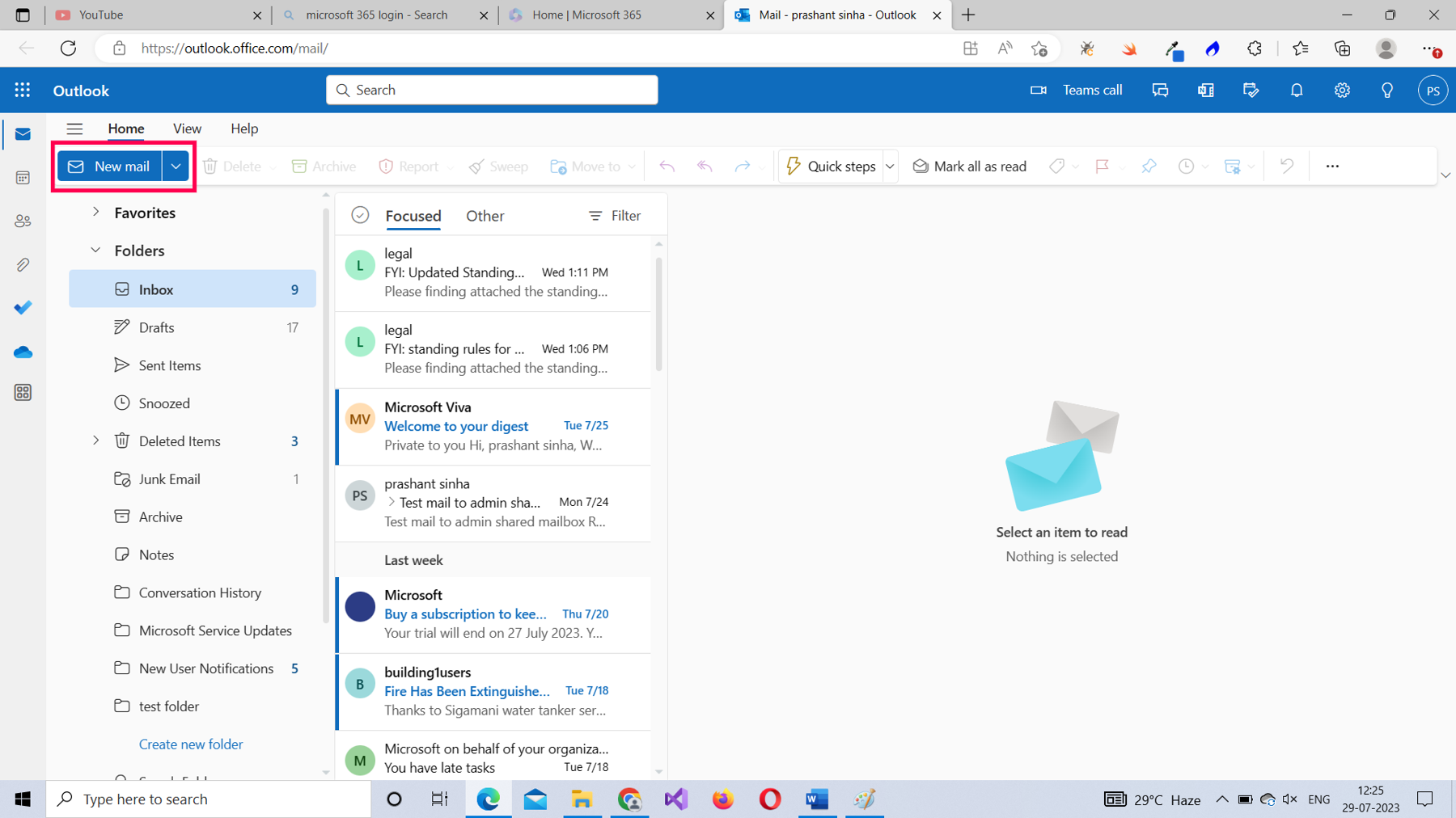 This screenshot displays the New mail button available in the Outlook app.