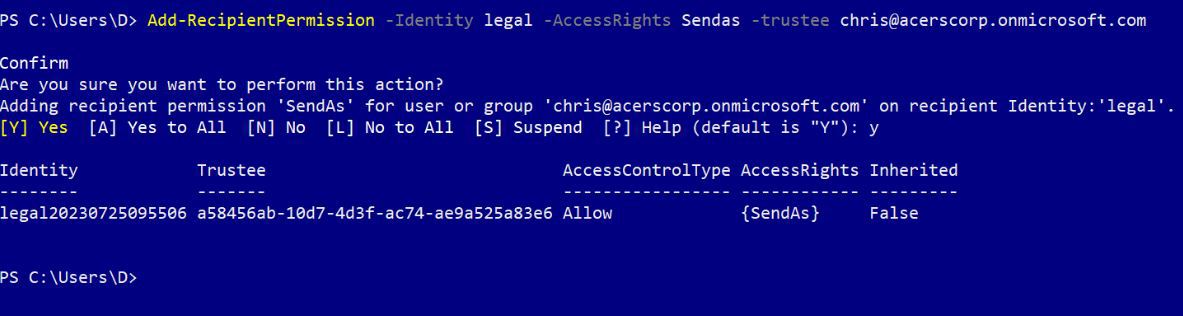 This screenshot shows the PowerShell script for adding the send as shared mailbox permission to a Microsoft 365 user.