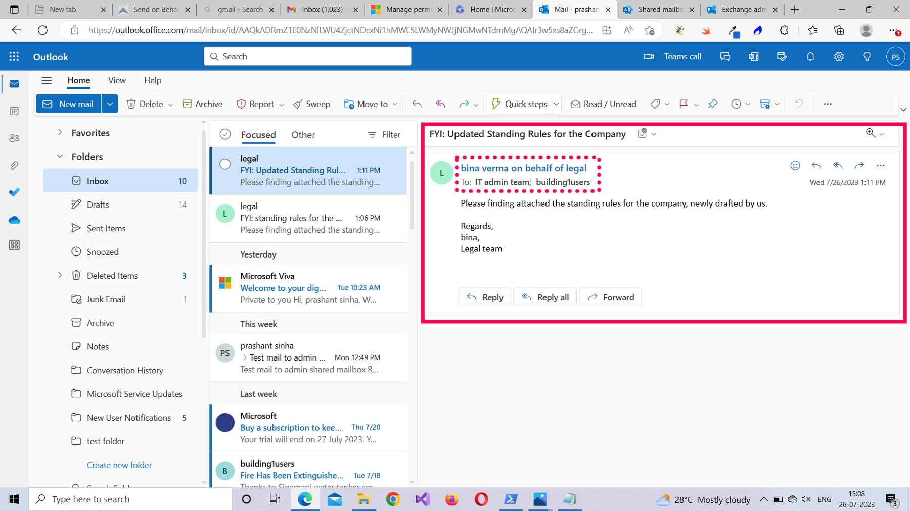 This screenshot displays how a mail sent from a Microsoft 365 user with a send on behalf shared mailbox permission appears in the Outlook app.