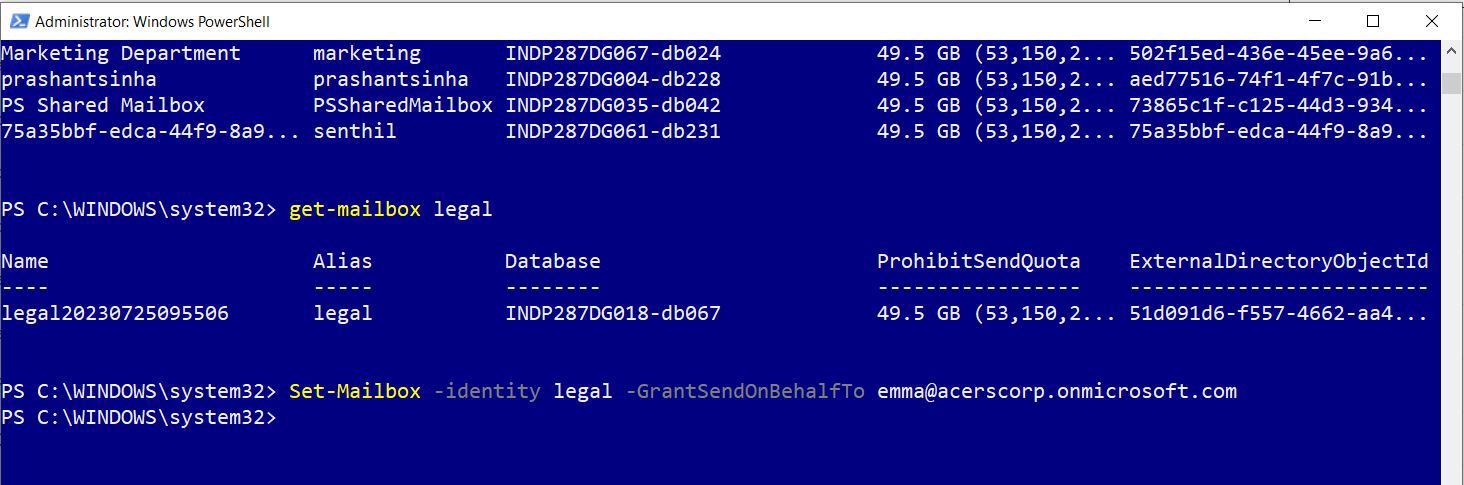 This screenshot shows the PowerShell script for adding the send on behalf shared mailbox permission to a Microsoft 365 user.