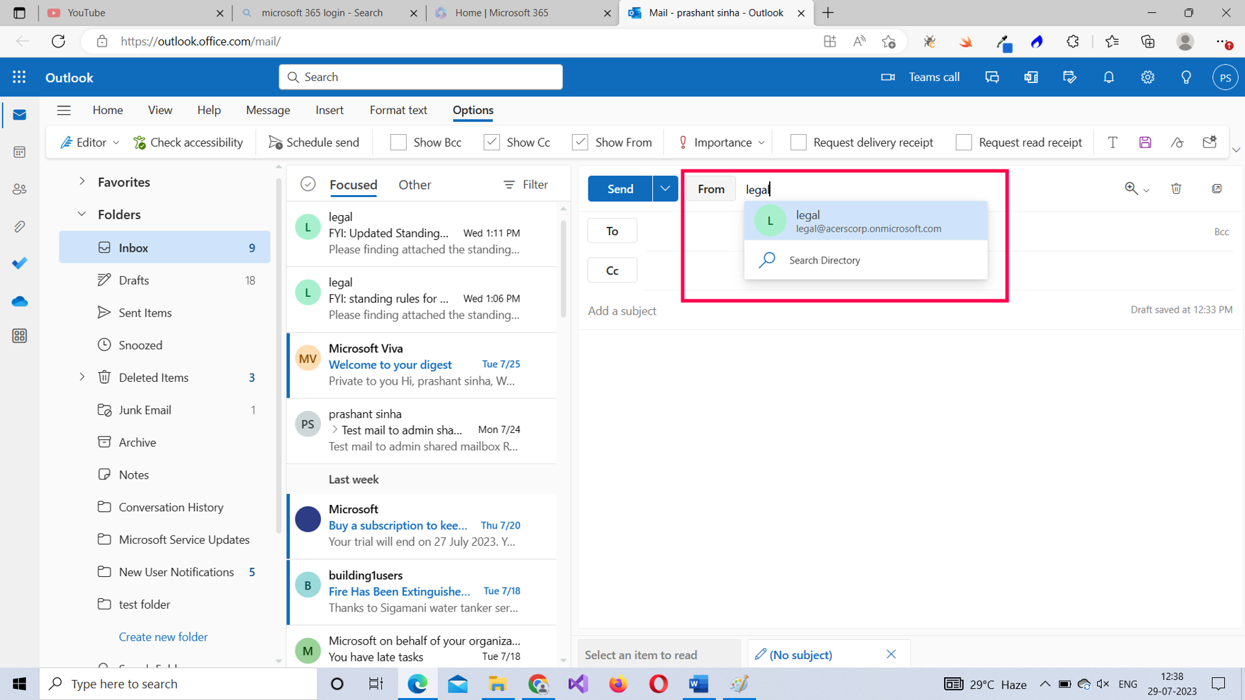 This screenshot shows how you a Microsoft 365 user can search for a shared mailbox email address in the Outlook app.