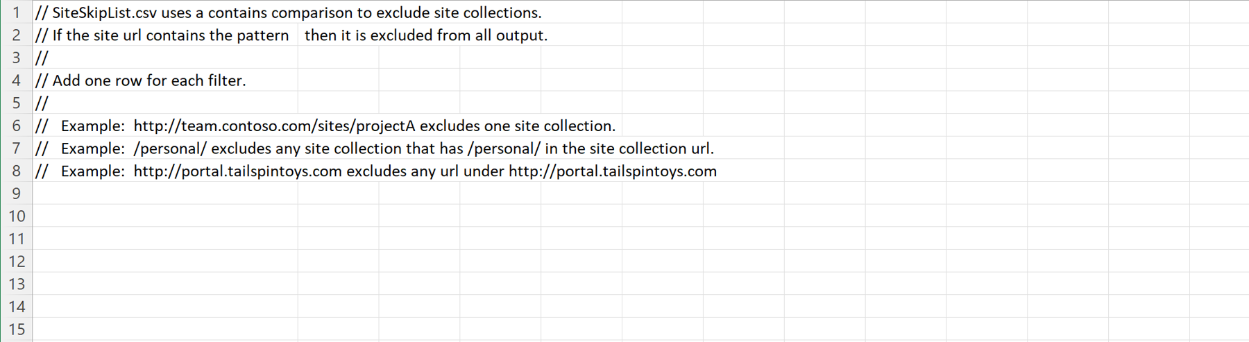 A sample SiteSkipList.csv file. Edit the file to specify what content you want the smat assessment tool to skip over when it is performing the assessment.