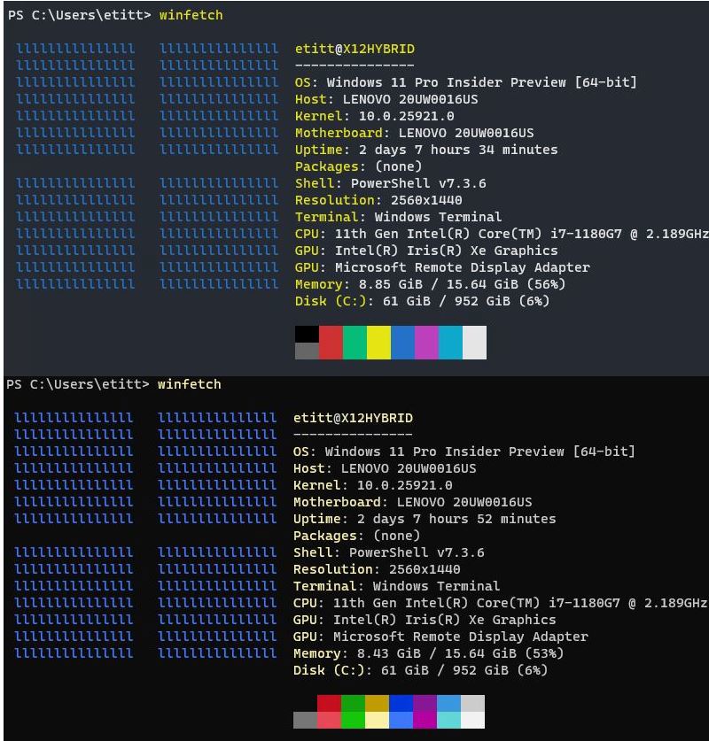 Winfetch output shows Andromeda color scheme (top) and Campbell (bottom).