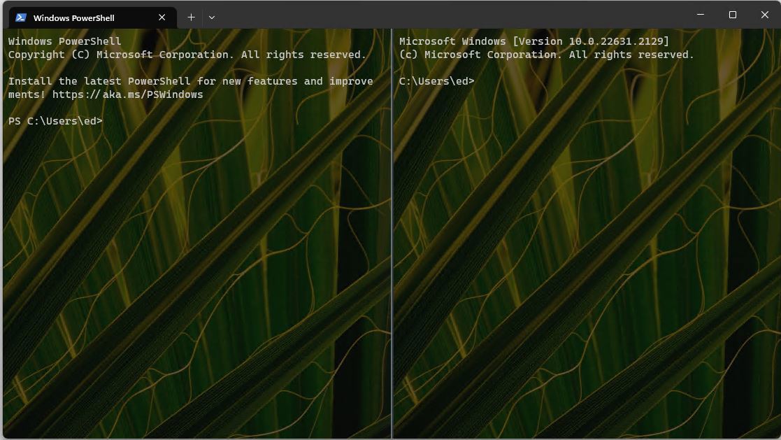 Proper construction of a wt.exe command opens PowerShell on the left and Command Prompt on the right.