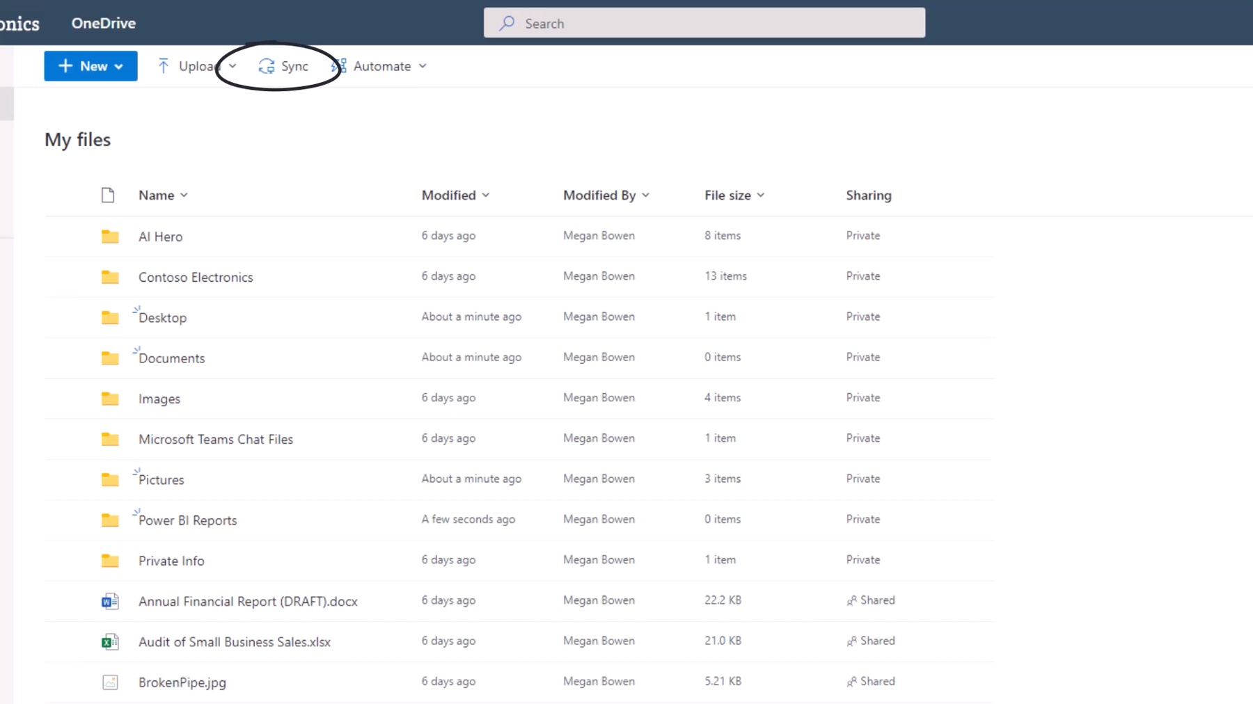 Screenshot showing files and folders in OneDrive for Business that sync