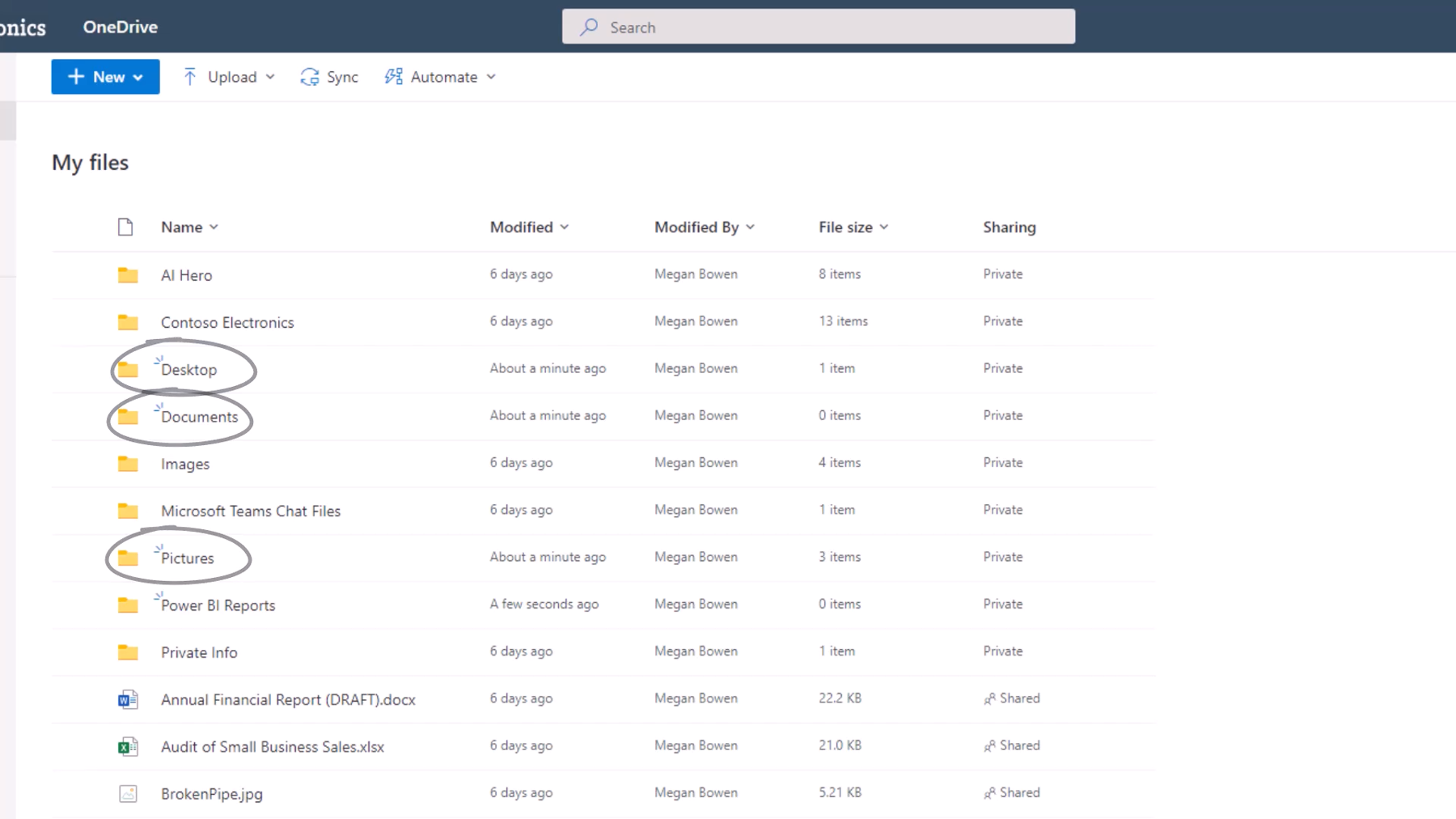 Screenshot showing three folders, Desktop, Documents and Pictures, which OneDrive syncs by default.