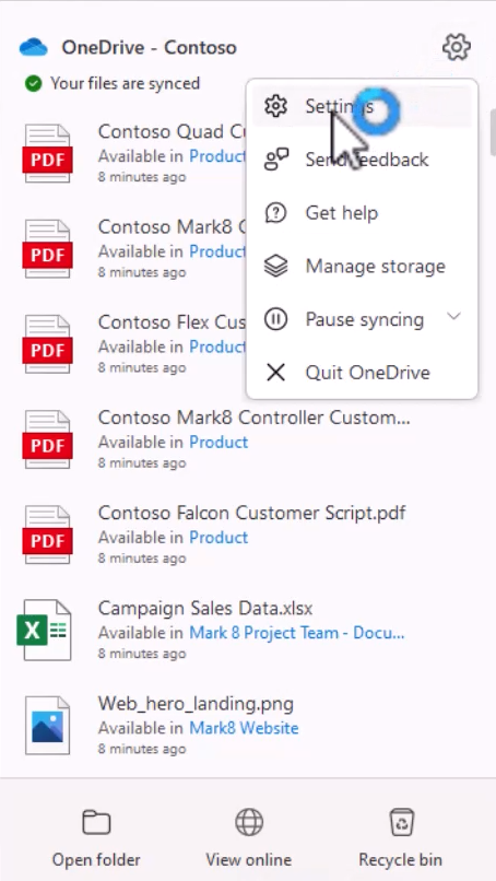 Screenshot of files in the Contoso OneDrive for Business. The Settings icon is near the top.