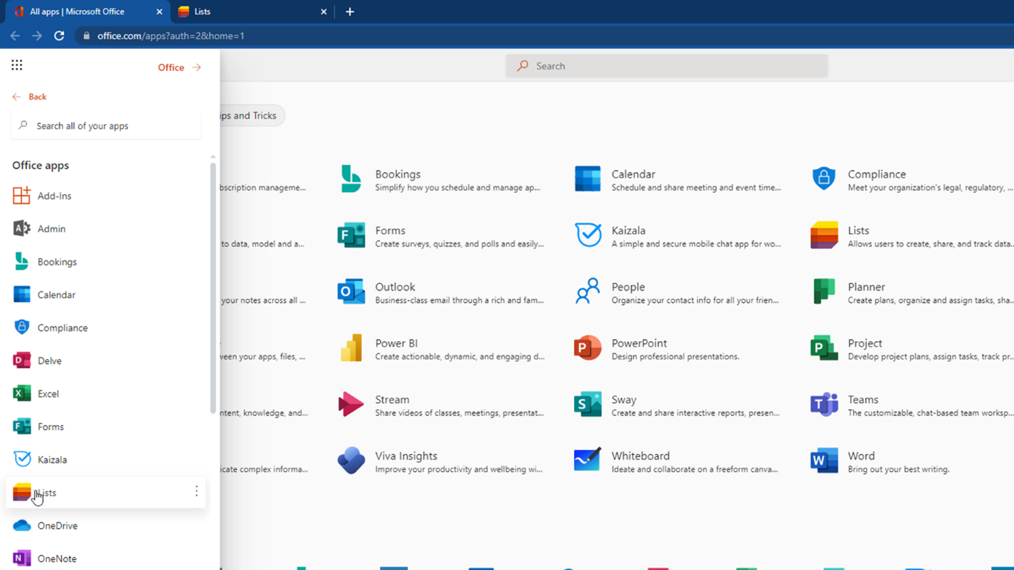 This screenshot shows the Microsoft 365 home screen indicating the Lists icon.
