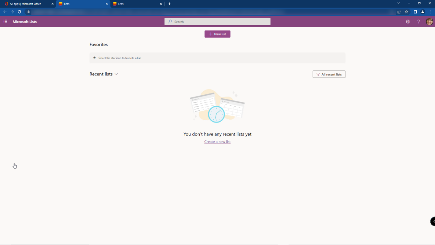 This screenshot shows the Microsoft Lists dashboard.