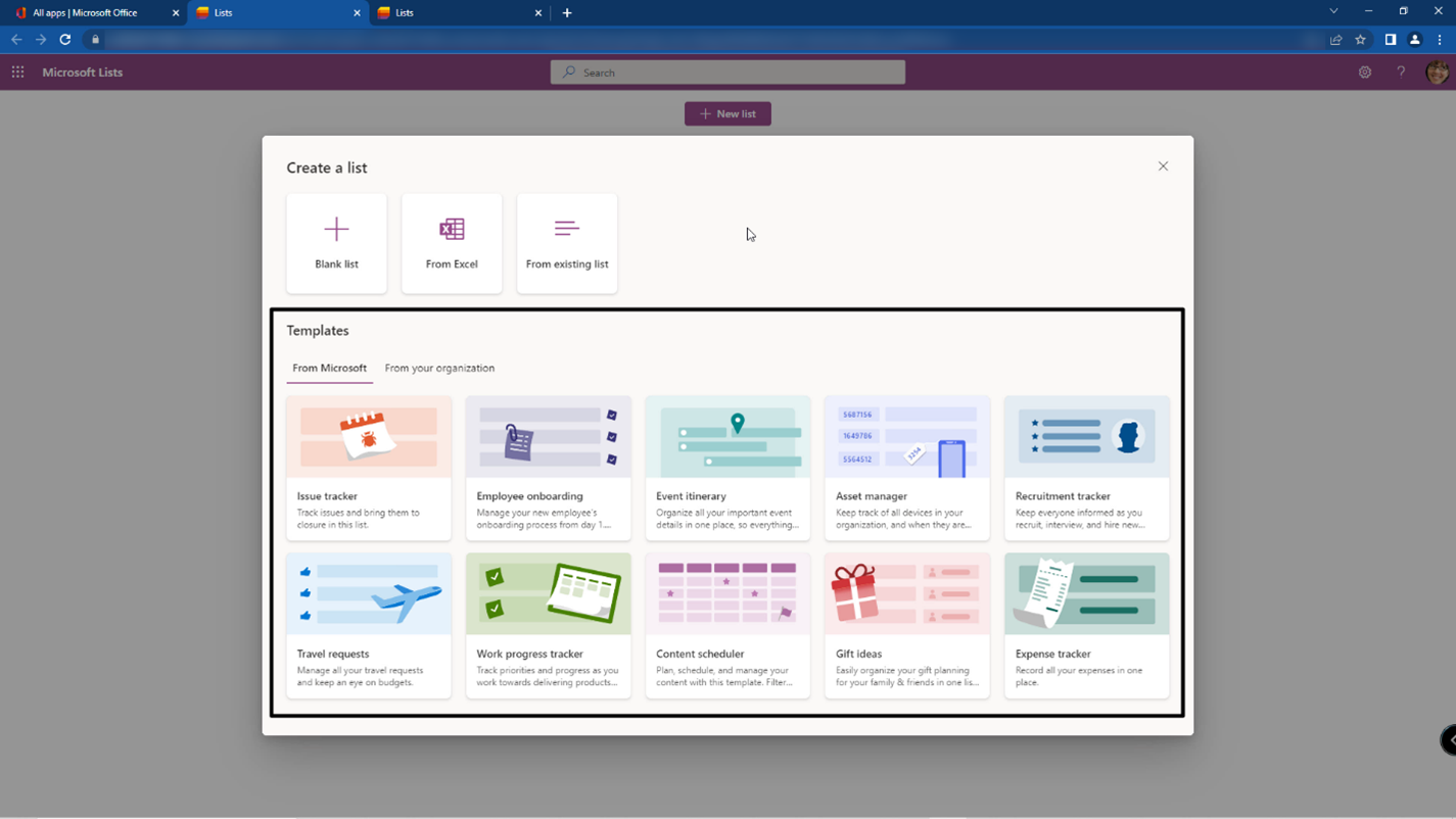 This screenshot shows the Create a list window indicating the template options. Examples include Issues tracker, Employee onboarding, event itinerary, asset manager, work progress tracker, and others.
