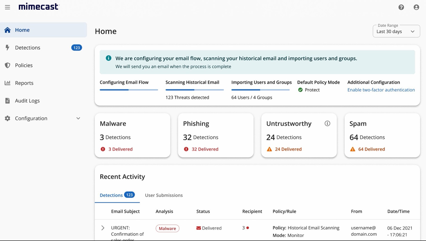 The Home tab of Mimecast's Cloud Integrated web app, which contains a list of in-progress tasks, notices about malware, phishing, untrustworthy and spam email detections, and a recent activity list of detections.