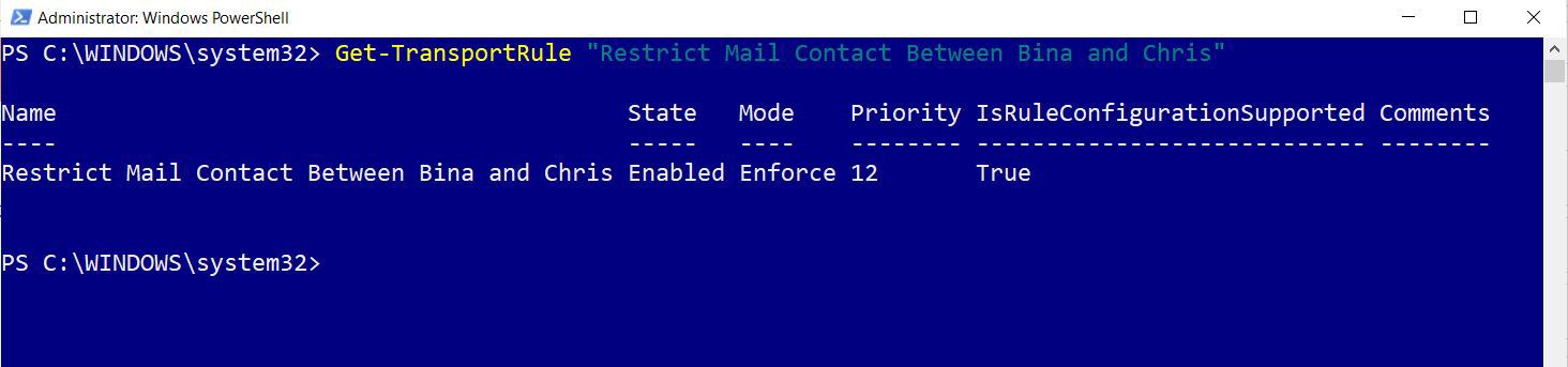 This screenshot shows how you can view the details of the newly configured mail flow rules using Windows PowerShell with the help of the get transport rule cmdlet.