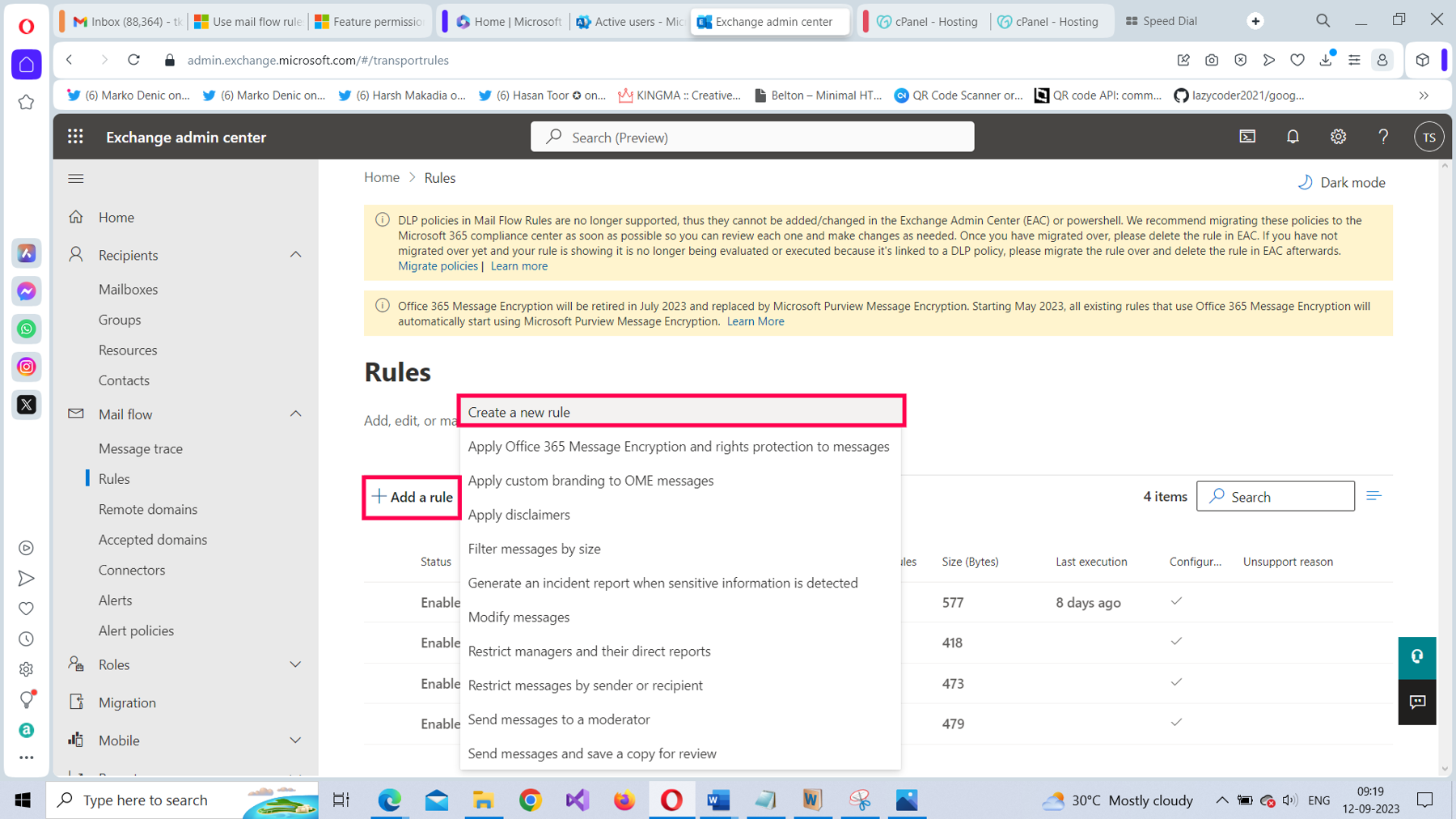 This screenshot shows how you can access the Microsoft 365 mail flow rule feature in the Microsoft 365 Exchange admin center. The Add a rule option and the create a new rule dropdown are both selected.