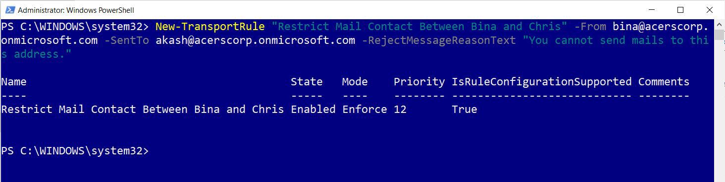 This screenshot shows how you can create a mail flow rule using Windows PowerShell with the help of the new transport rule cmdlet.