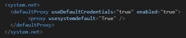 This screenshot shows the default proxy section of the Microsoft.sharepoint.migrationtool.advancedapp.exe.config file.