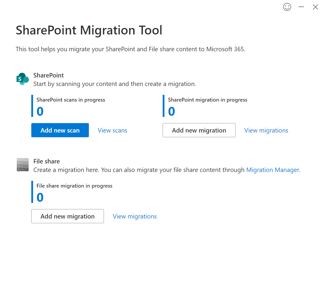 Screenshot displaying options to add or view SharePoint assessment scan, SharePoint migration, or file share migration.