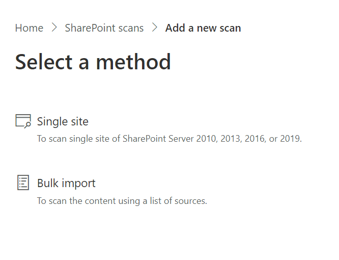 Screenshot of the two choices available when performing an assessment scan by supplying a single site URL, or the location of the .csv or .json file containing site URLs that you want to scan.