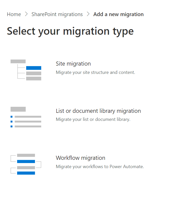 A screenshot that is displayed after indicating you want to perform a single source url migration, with the options of a site migration, list or document library migration, or a workflow migration.