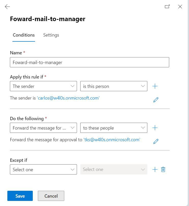 This screenshot shows how the Microsoft 365 mail flow rule for moderating mails can be configured using the Microsoft 365 Exchange admin center. It includes fields for name, apply this rule if, do the following, and except if.